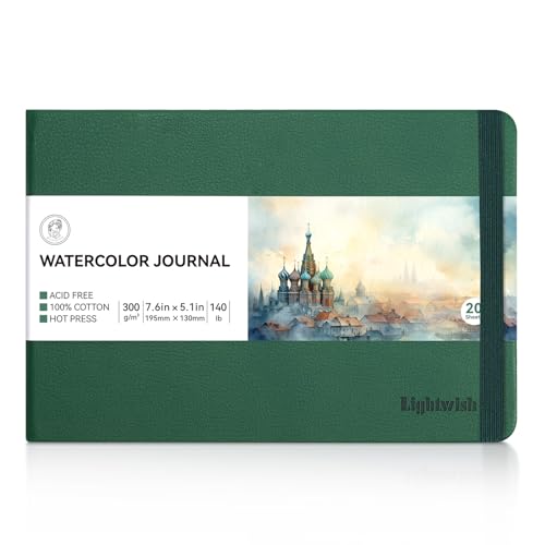 Lightwish Watercolor Journal, 100% Cotton Hot Press Art Supplies Watercolor Paper7.6” x 5.1”, 20 Sheets (140lb/300gsm), Acid-Free for Watercolors, Gouache, Acrylics - color: Green, size: 7.6*5.1 Inches