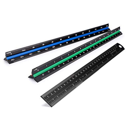 OwnMy 3 Pack 30CM Solid Aluminum Triangular Architect Scale Ruler Set, 3-Colors-Groove Architectural and Engineer Scale Metal Ruler Set, Clear Scale Metal Drafting Rulers for Civil Engineer Blueprint - style: Metric Scale