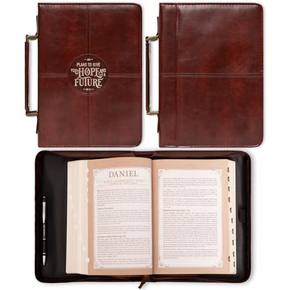 Christian Art Gifts Protective Chestnut Brown Faux Leather Classic Bible Cover Carry Case for Men and Grads: Hope and a Future - Jeremiah 29:11 Inspirational Bible Verse with Zipper and Pocket, Large - size: Large