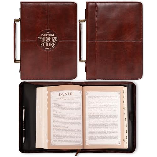 Christian Art Gifts Protective Chestnut Brown Faux Leather Classic Bible Cover Carry Case for Men and Grads: Hope and a Future - Jeremiah 29:11 Inspirational Bible Verse with Zipper and Pocket, Medium - size: Medium