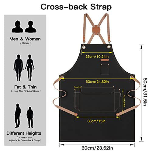 Chef Apron with Cross Back Straps for Men Women, Cotton Canvas Apron for Artists Painting, Kitchen Cooking - color: Black, 6pack