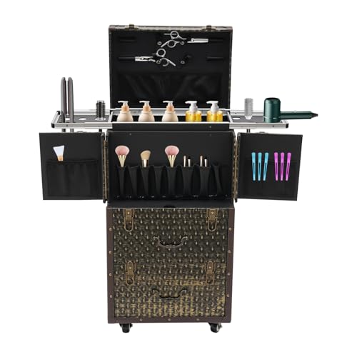 Lockable Makeup Train Case,55.1lbs Rolling Hairdressing Trolley,Beauty Salon Cosmetic Luggage with Universal Wheels for Hair Stylist,Make-up Artists (Brown) - color: Brown