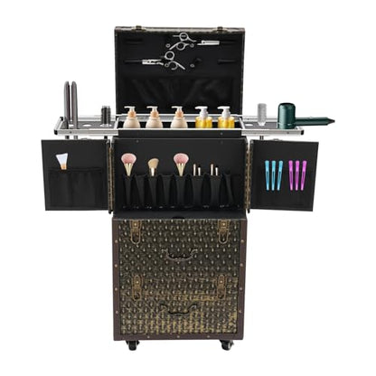 Lockable Makeup Train Case,55.1lbs Rolling Hairdressing Trolley,Beauty Salon Cosmetic Luggage with Universal Wheels for Hair Stylist,Make-up Artists (Brown) - color: Brown