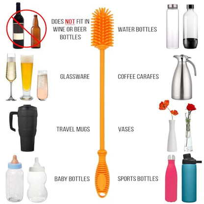Kitchiny Silicone Bottle Brush with 2 Straw Cleaners - 12.5” Water Bottle Cleaner Brush for Yeti, Hydro Flask, Owala, Stanley, Baby Bottles, Glassware, Vases & Narrow Neck Containers - Orange - color: Orange