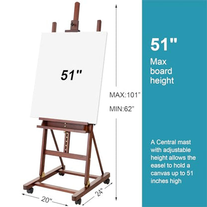 H-Frame Studio Easel with Wheels, Beechwood Artist Easel Storage Tray, Adjustable Floor Easel Stand Holding Canvas up to 51Inches for Painting, Brown - style: Basic Walnut