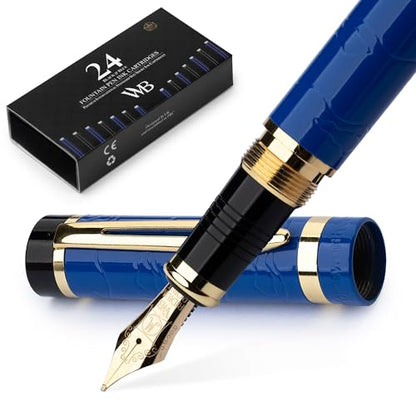 Wordsworth & Black Primori Fountain Pen Set - Blue Gold, Medium Nib, Gift Case, 24 Ink Cartridges, Refill Converter, Manual, Smooth Writing, Left & Right Handed | Blue Gold, Gift for Men & Women, Metal Body, 18K German Iridium, Calligraphy, Converter + 24