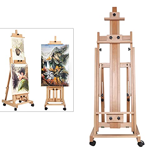 Wooden Artist Easel Stand,Movable Large Heavy Duty H-Frame Studio Easel with Universal Wheels,56”-91”Adjustable Height Painting Easel Rack for Homes Drawing Rooms Art Studios