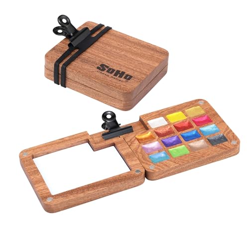 Soho Urban Artist Mini Wooden Travel Watercolor Palette of 15 Metallic Colors - Professional Watercolor Paint Set for Plein Air Artists, Semi-Moist Pans, Pocket - color: Metallic
