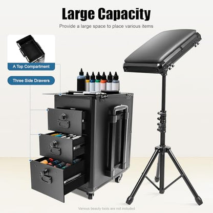 4 in 1 Rolling Makeup Train Case, 3 Drawers Portable Cosmetic Organizer, Aluminum Frame Lockable Beauty Storage Luggage with 4 Removable Wheels for Travel, Salon, Manicure & Makeup Artist