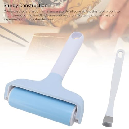 FAUOSWUK Rubber Brayer Roller, Silicone Roller and Tweezers Kit, Boat Flooring Install Printmaking Painting Stamping Wallpaper Gluing for Bubble Removal, Gripping and Lifting Threads (Light Blue) - color: Light Blue