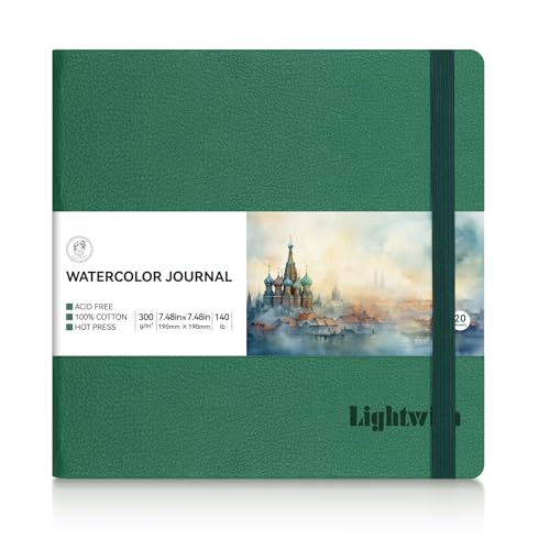 Lightwish Square Watercolor Journal, 100% Cotton Hot Press Watercolor Paper Sketchbook 7.48” x 7.48”, 20 Sheets (140lb/300gsm), Acid-Free for Watercolors, Gouache, Acrylics - color: Green, size: 7.48*7.48 Inches