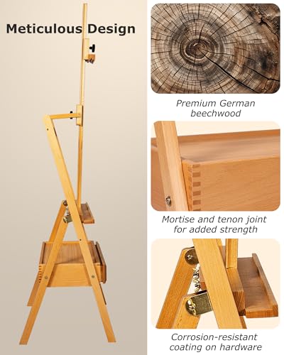 DJAR Solid Beech Wood H-Frame Art Easel with Storage Drawer, Natural | Artist Painting Stand for Adults, Holds Canvas up to 36", Main Mast Adjustable to 75", Great for Home Studios & Classroom