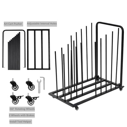 Mobile Art Canvas Storage Rack on Wheels, Adjustable Metal Framed Artwork Drying Holder, Large Vertical Picture Frame Display Stand for Painting Boards, Framed Picture, Shipping Box (Black) - color: Black