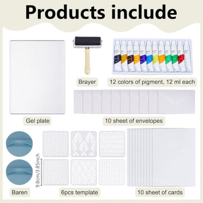 WEBEEDY Gel Printing Plate Kit Geometric Printmaking Supplies Includes 5x7 Inch Reusable Gelatin Plate,Stencils,Acrylic Paint,Essential Tools and Instruction for Adults Beginner Printmaking Supplies