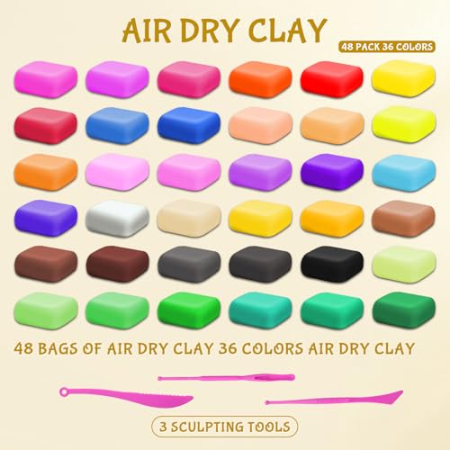 48 Air Dry Clay-36 Colors Modeling Clay for Kids Age 3-12,13 White,35 Others, Air Dry Clay Bulk Kit with 3 Sculpting Tool, Light, Safe, Non-Toxic, DIY Model Magic Clay Gifts for Boys and Girls Toys - color: 48 Pack