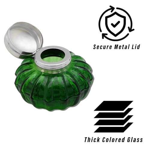 Vintage Fountain Pen Ink Bottle - Fancy Vintage Glass Bottle Inkwell, Office Supplies for Writers Desk - Ideal for Dip Pen Ink, Calligraphy, Dark Academia Writing Supplies - 3.5" Green Glass