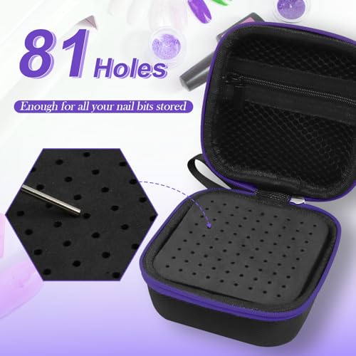 81 Holes Nail Drill Bit Holder, (ONLY CASE) Nail Bits Display Organizer Container, Nail Bits Container Box Case with High Density Foam, Efile Nail Bits Professional Manicure Tools, (Purple) - color: Purple