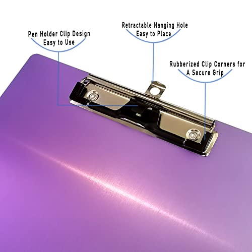 Purple Aluminum Metal Clipboard Purple Pen Holder Writing Low-Profile Clip Board Size A4 9" x 12.6" with Sticky Note for School Office Business Medical Professionals Workshop Factory - style: Purple