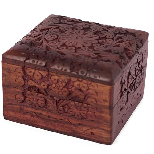 GURU JEE Wooden Hand Carved Keepsake Box Jewellery Armoire Chest Organiser Perfect Unique Gifts Ideas For Women - color: FLWD_4X4