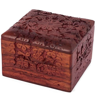 GURU JEE Wooden Hand Carved Keepsake Box Jewellery Armoire Chest Organiser Perfect Unique Gifts Ideas For Women - color: FLWD_4X4