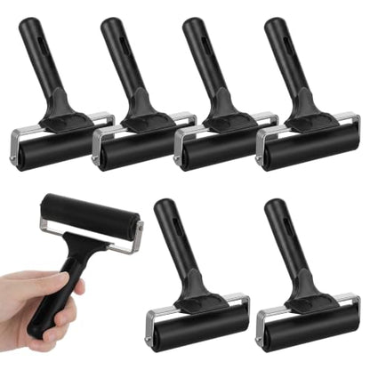 Afcabakila 6 Pack 4 Inch Rubber Brayer Roller, Black Printmaking Roller with Stainless Steel Frame and Non-Slip Handle for Crafting, Painting, Inking, Stamping, Gluing