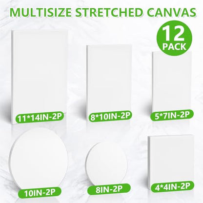 12 Pack Stretched Canvases for Painting, Multi Size Canvas 11x14, 8x10, 5x7, 4x4, Round Canvas with 8x8,10x10, Cotton Primed Paint Blank Canvas for Oil Paint, Acrylic Paint, for Beginners, Artists. - size: 4x4in,5x7in,8x10in,11x14in,D8in,D10in