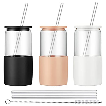 Sunseeke Glass Tumbler with Straw and Lid, 16oz Ice Coffee Cup, Silicone Sleeve Cleaning Brushes, Drinking Glasses for Water, Iced Coffee, Smoothie -BPA Free -3Pack - color: Sandy Beige, White, Black