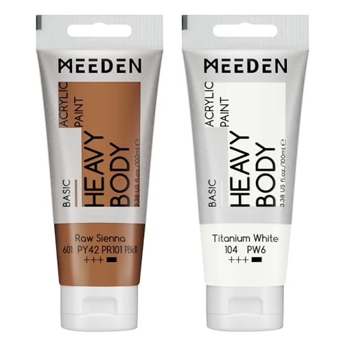 MEEDEN Acrylic Paint Raw Sienna: Bundled with Titanium White Color - 100ml/3.38oz x 2 Bulk Heavy Body Acrylic Paint Tubes for Art Craft Painting - color: Raw Sienna, size: 2 Tubes