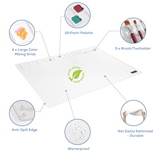 31.5" x 23.6" Extra Large Silicone Craft Mat for Table, Silicon Art Mat with 16 Paint Palette, 4 Color Mixing Grids & 5 Brush Holder, Multifunction Silicone Painting Matt for Crafts by Fogpoge, White