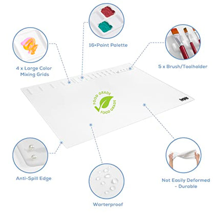 31.5" x 23.6" Extra Large Silicone Craft Mat for Table, Silicon Art Mat with 16 Paint Palette, 4 Color Mixing Grids & 5 Brush Holder, Multifunction Silicone Painting Matt for Crafts by Fogpoge, White