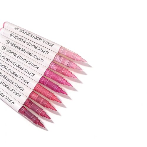 Acrylic Paint Markers, 9 Colors Acrylic Paint Pens Water Based and Soft Brush Tip for Wood Glass Eggs Rock Painting Canvas Stone Fabric DIY Crafts Art Supplies (Pink) - color: Pink