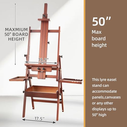 Large Horizontal Wooden H-Frame Studio Easel with Storage Drawer and Palettes, Solid Beechwood Painting Easel for Students, Beginners, and Artists, Hold Canvas to 50Inches High,Walnut - style: Horizontal Walnut