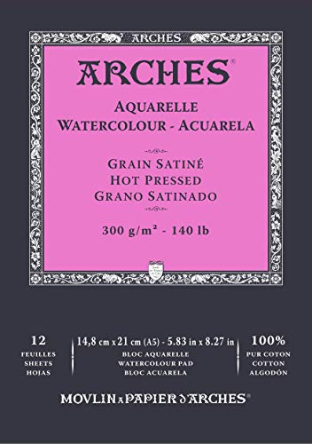 Arches A1795095 Bloc Enc 14,8x21 12H Aquarelle 100% Satin 300g Blanc NAT, White