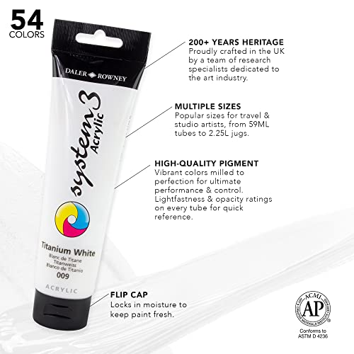 Daler Rowney System3 Titanium White 150ml Acrylic Paint Tube 2 pack - Acrylic Painting Supplies for Artists and Students - Artist Paint for Murals Canvas and More - Art Paint for All - style: 2 Pack, Medium Body