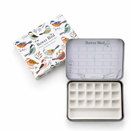 Bower Bird Travel Ceramic Watercolor Palette with 12-Well Porcelain Mixing Tray & Metal Tin Box - Portable Art Kit for Gouache, Studio & Outdoor Painting (18Well) - size: 18 Wells