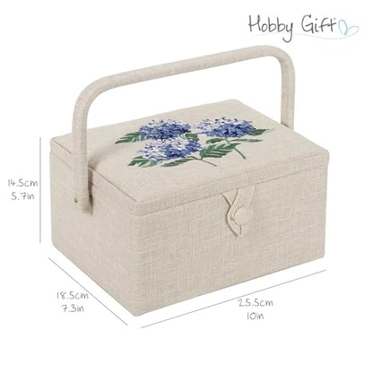 Hobby Gift Medium Sewing Box Organiser, Fabric Covered Storage Box with Handle, Internal Tray, Pin Cushion and Pocket for Sewing, Quilting and Knitting Supplies - color: Hydrangea