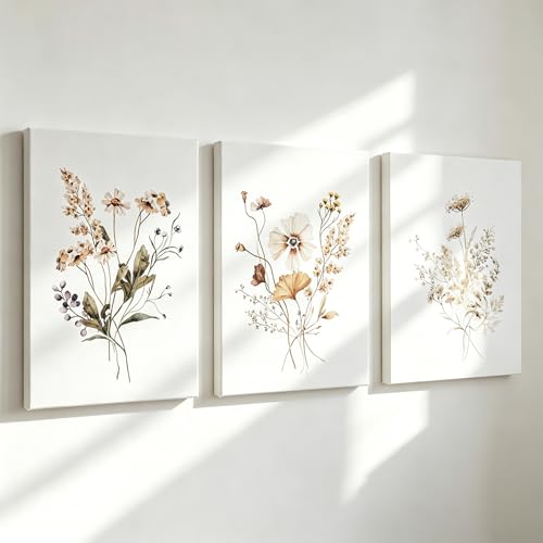 MTFBWY Wildflower Canvas Wall Art Set of 3, Neutral Botanical Floral Prints, Vintage Minimalist Flower Wall Decor for Bedroom Bathroom Living Room, 16x24in - color: Neutral Botanical, size: 16x24 Canvas