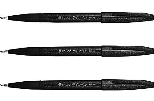 Pentel Fude Touch Sign Pen, Black, Felt Pen Like Brush Stroke (SES15C-A) 3 Pieces