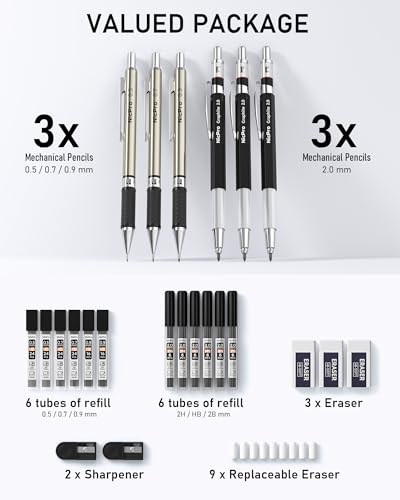 Nicpro 6PCS Art Mechanical Pencil Set, 3PCS Metal Drafting Pencil 0.5 mm & 0.7 mm & 0.9 mm & 3PCS 2mm Graphite Lead Holder (2B HB 2H) For Writing, Sketching Drawing With Lead Refills Case - color: Silver