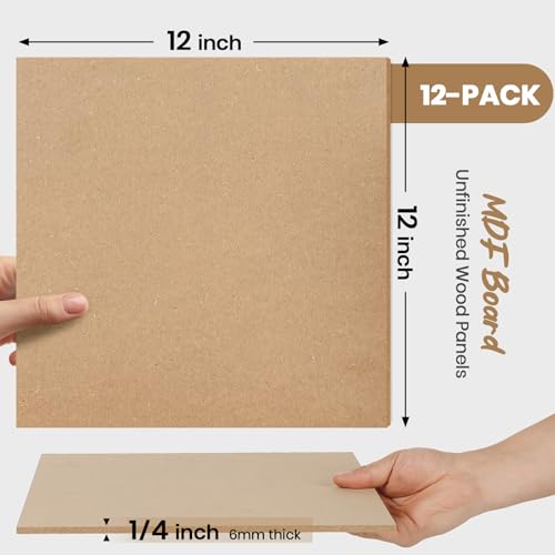 CALPALMY 12-Pack MDF Board 1/4 Inch Thick 12" x 12" Unfinished Wood Panels, 6mm Thick Medium Density Fiberboard Wood Boards for Crafts, Painting, Carpentry, Engraving, Interior Design, and More - size: 12 x 12 x 1/4" (12 Pack)