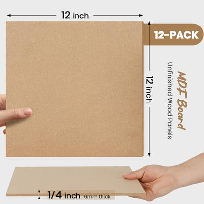 CALPALMY 12-Pack MDF Board 1/4 Inch Thick 12" x 12" Unfinished Wood Panels, 6mm Thick Medium Density Fiberboard Wood Boards for Crafts, Painting, Carpentry, Engraving, Interior Design, and More - size: 12 x 12 x 1/4" (12 Pack)