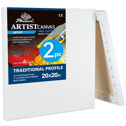 PHOENIX 20x20 Inch 2 Pack Artist Canvas - Large Square Stretched Canvases for Painting - 3/4 Inch Profile, 100% Cotton 11 Oz. Gesso Primed White Blank Professional Canvas Oil & Acrylic Paints - size: 20"x20", style: Traditional