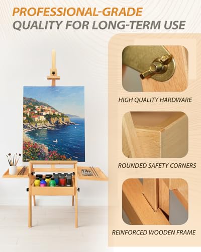 Foldable & Adjustable Art Easel with Storage Drawer Trays, Beech Wooden Easel Stand for Painting,H Frame Artist Easel for Painting Easel for Adults,Wood Easel Stand for Artist Students Studio - style: Upgraded Easel