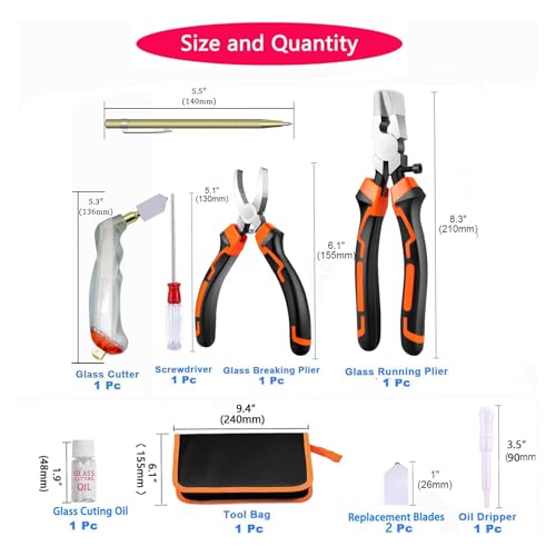Glass Cutting Tool Kit with 8" Running Pliers with Curved Jaws, 6" Breaker Pliers, Glass Cutter 2-20mm, Replacement Blades, Screwdriver, Storage Bag for Stained Glass, Tiles, Mosaic - color: 10 PCS