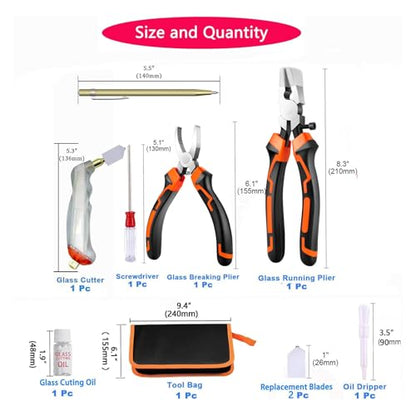 Glass Cutting Tool Kit with 8" Running Pliers with Curved Jaws, 6" Breaker Pliers, Glass Cutter 2-20mm, Replacement Blades, Screwdriver, Storage Bag for Stained Glass, Tiles, Mosaic - color: 10 PCS