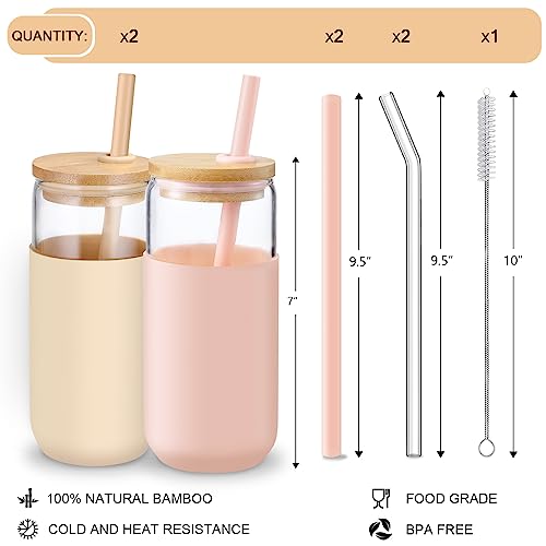 VITEVER 20 OZ Glass Cups with Bamboo Lids and Straws - Beer Can Drinking Glasses with Silicone Protective Sleeve Set, Iced Coffee Glasses, Cute Tumbler Cup for Water, Tea, Gift - Pink, Amber - color: Amber Pink