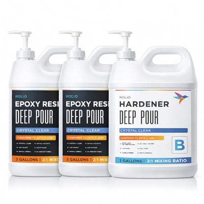Rolio Deep Pour Epoxy Resin Crystal Clear 3 Gallons - Easy to Mix Self Leveling Kit 2:1 Ratio Fast Cure Ideal for River Table, Wood, Casting, Preservations, Jewelry, Art Crafts DIY Projects - size: 3 Gallon
