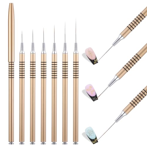 6Pcs Nail Art Liner Brushes Set, Fine Drawing Painting Details Design Striping Brush With Gel Polish Acrylic Handle Gifts Manicure Tools DIY Sizes 5/7/9/11/15/25mm, Gold - color: Gold