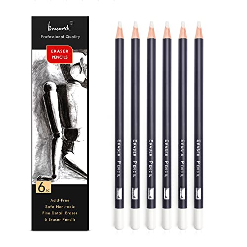 Brusarth Eraser Pencils Set - Professional 3pc Erasing Small Details or Add Highlights for Sketching, Colored Pencils, Charcoal Drawings. Fine Detail Eraser for Beginners & Artists - size: 6 Count (Pack of 1)