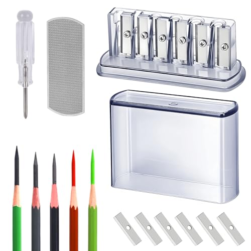 6-Hole Long Point Manual Pencil Sharpener for Artists, Sketching, Drawing | Includes 1 Stainless Steel Sand Sheet & 6 Spare Blades for Sketching,Drawing, Charcoal, Colored Pencils (Transparent)
